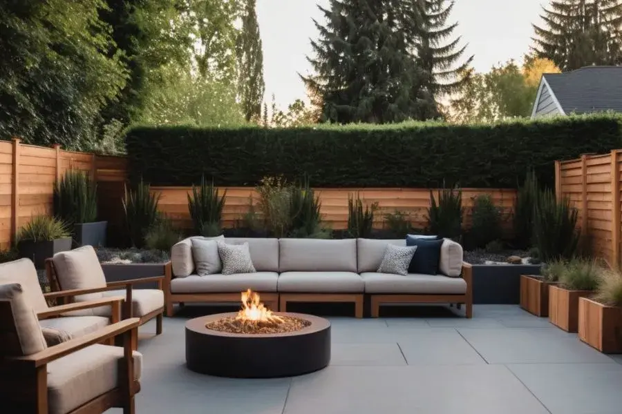 A backyard with fire pit and furniture
