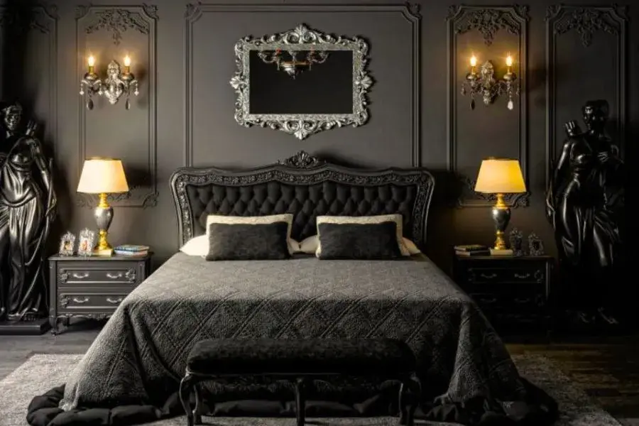 A luxury gothic bedroom with greek statues