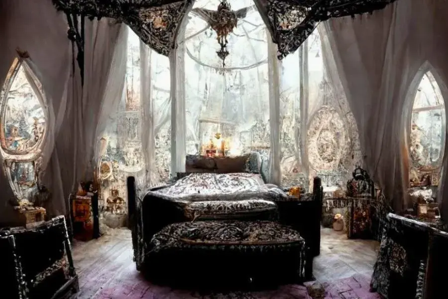 Luxury gothic bedroom with light colored curtains