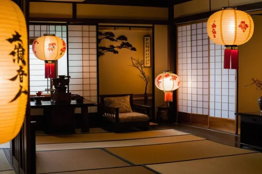 Japanese living room with paper lanterns and ambient lightning