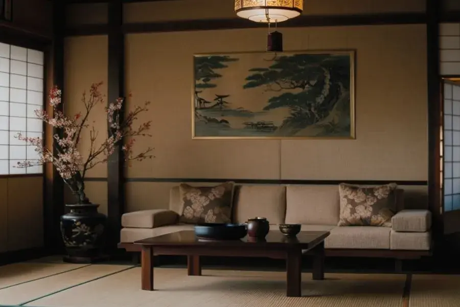 A japanese living room with flowers and a couch
