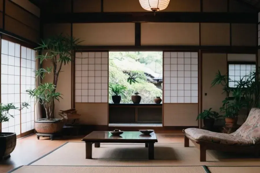 A japanese living room with some plants and furniture